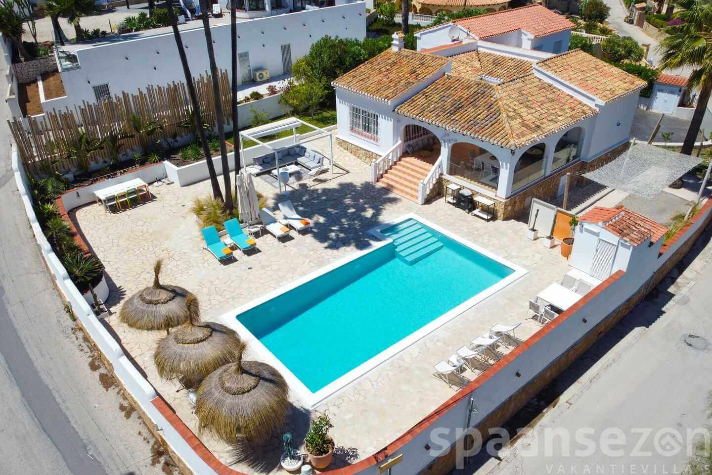Drone photo of the 8 person Villa La Serena in Moraira on the Costa Blanca