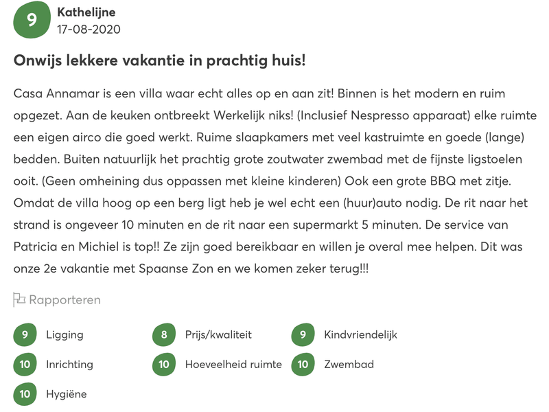 review over een villa huren in Spanje